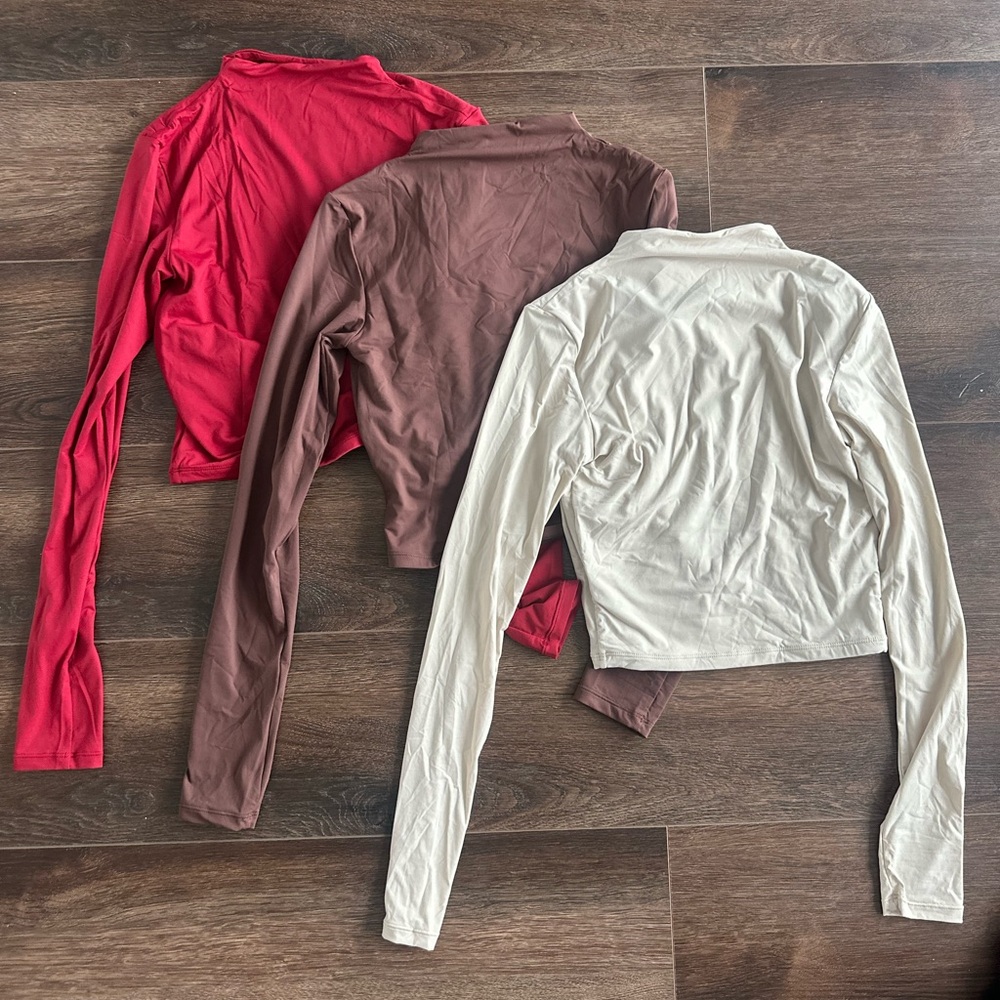 3 Stylish Women's Long Sleeve Tops - Red, Brown, and Cream